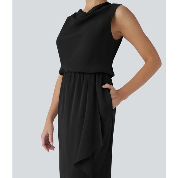 Halara Midi Dress Medium Cowl Neck Sleeveless Crossover Wrinkle Resistant Black - Picture 5 of 12